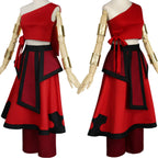 front and back comparison of avatar katara fire nation cosplay costume