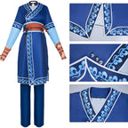katara cosplay full front view and close up of wave embroidery fabric buttons collar details