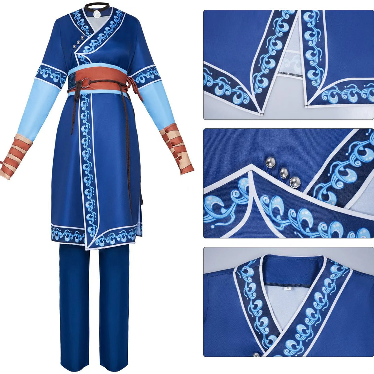 katara cosplay full front view and close up of wave embroidery fabric buttons collar details