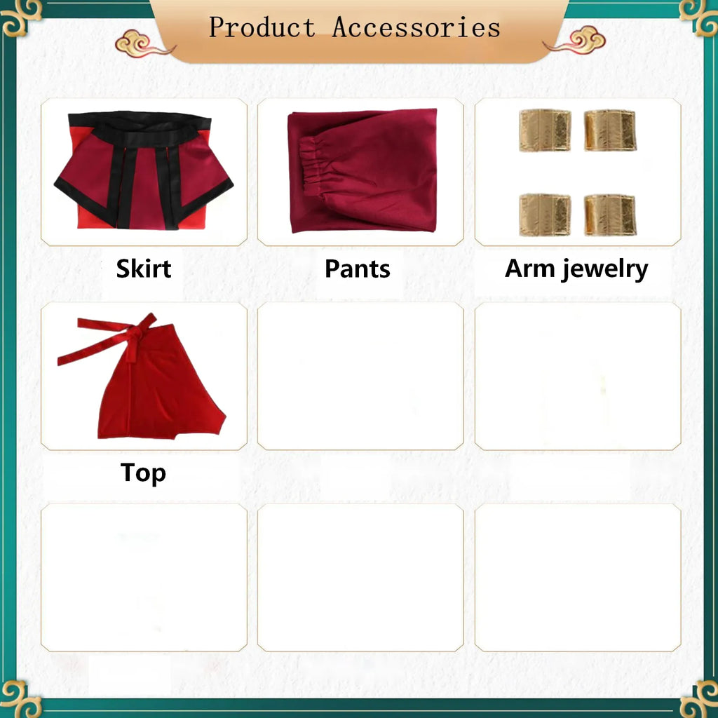 classified display of top, skirt, pants and golden arm cuffs for katara cosplay