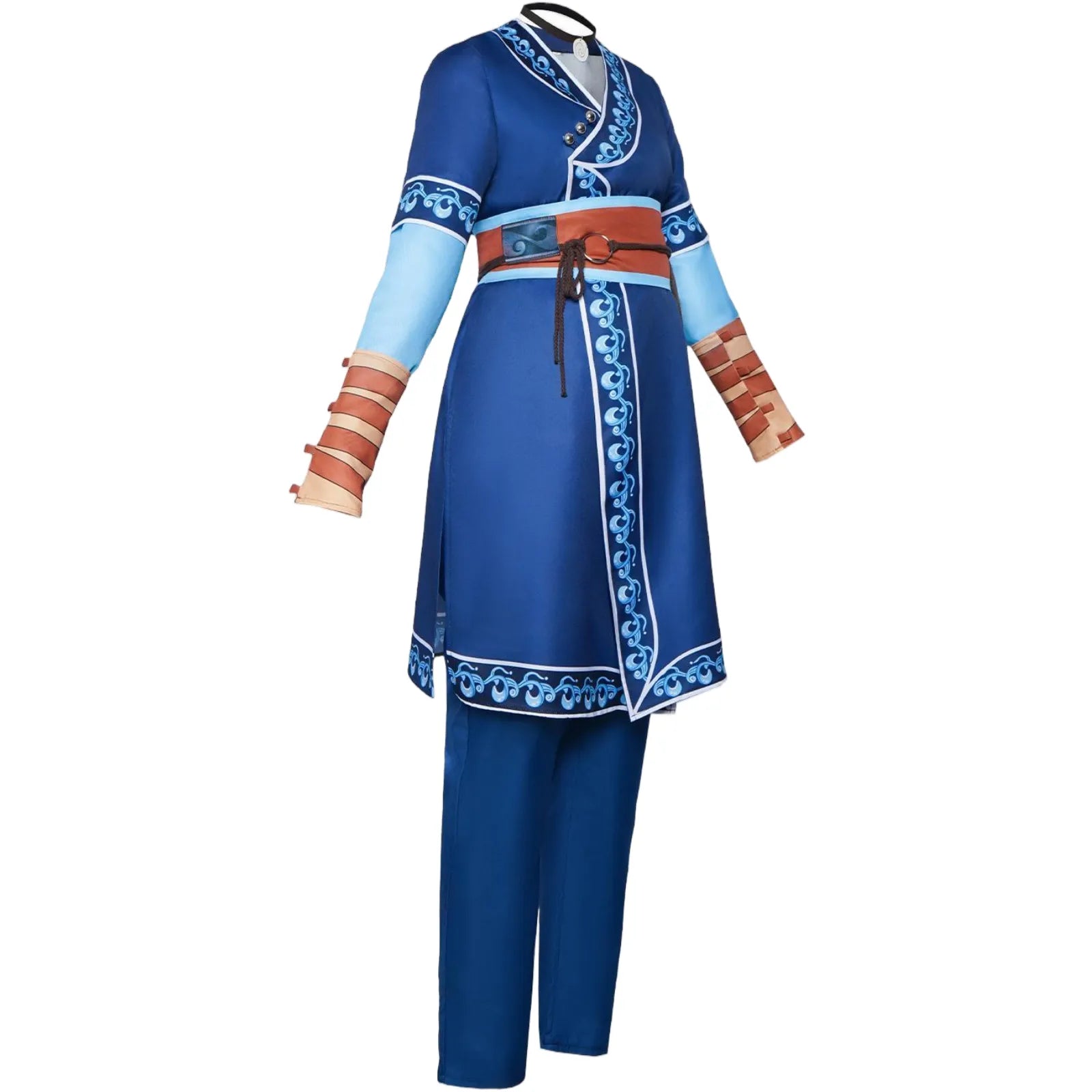 side view katara avatar the last airbender cosplay uniform with waist sash and side slit design