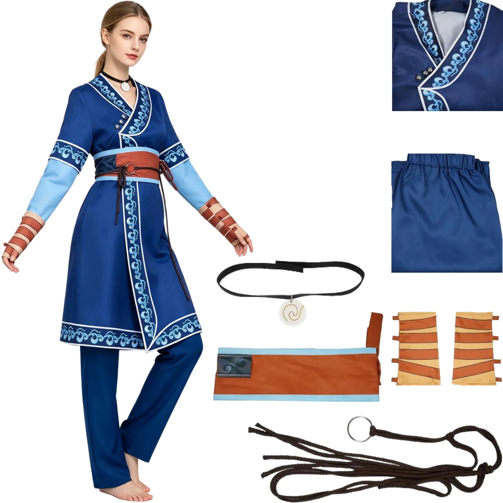 katara avatar the last airbender cosplay full outfit display with top pants wrist guards belt choker laces
