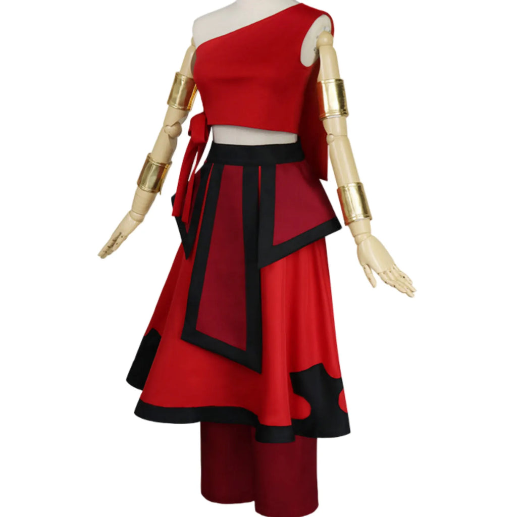oblique side shot of complete katara avatar cosplay costume