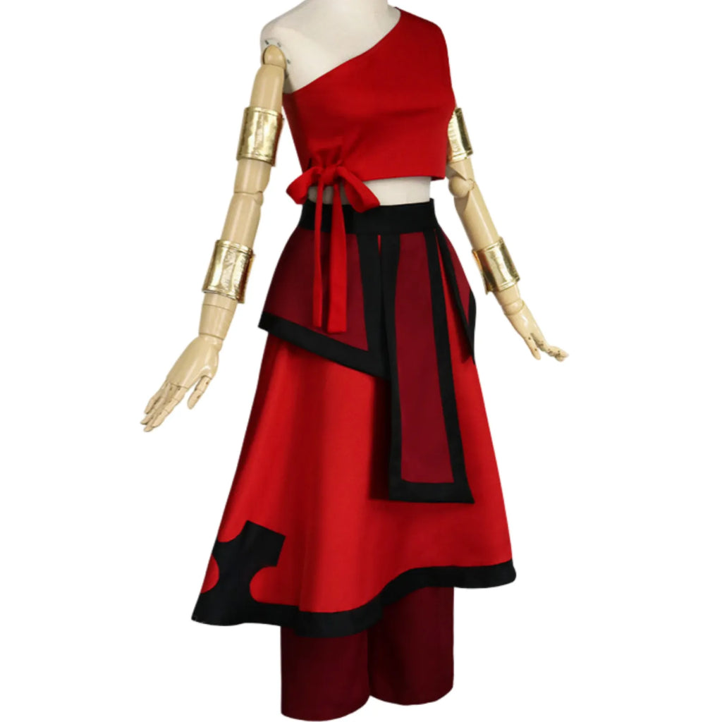 side full view of avatar katara fire nation style cosplay outfit on mannequin