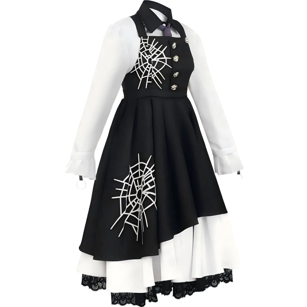 side view of kirumi tojo spider web print maid cosplay costume
