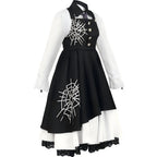 side view of kirumi tojo spider web print maid cosplay costume