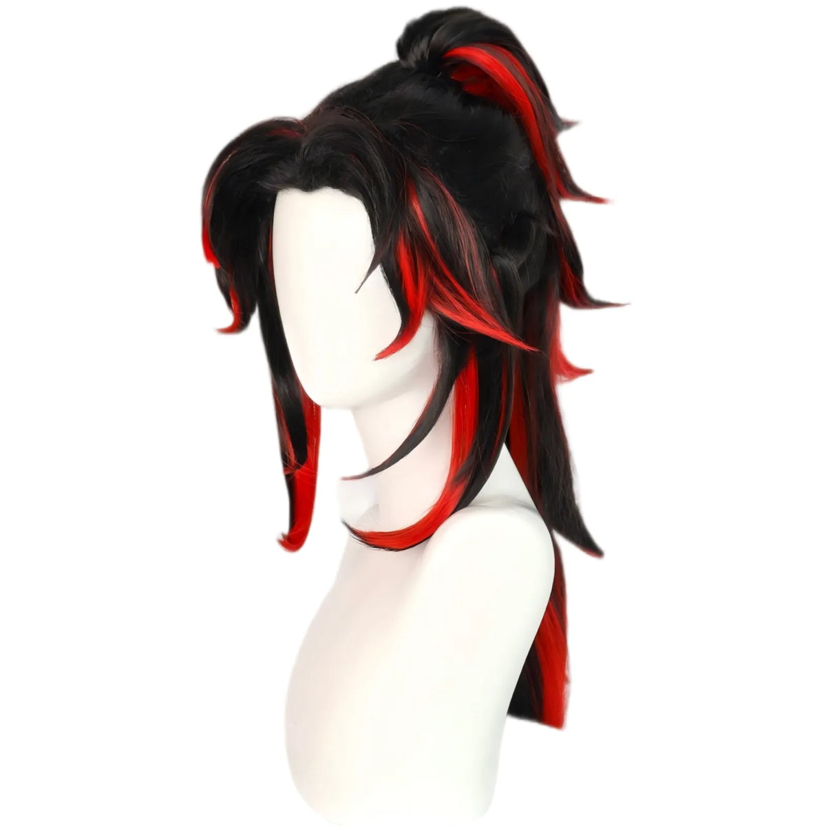 angled side kokushibou wig black red gradient high ponytail cos wig displayed on white mannequin bust