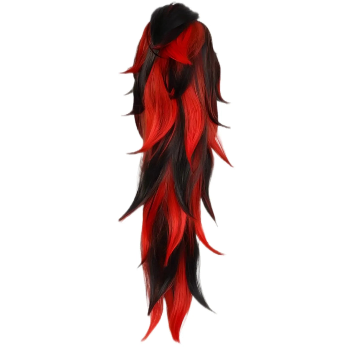 back view kokushibou wig black red mixed long layered ponytail cosplay wig isolated white background