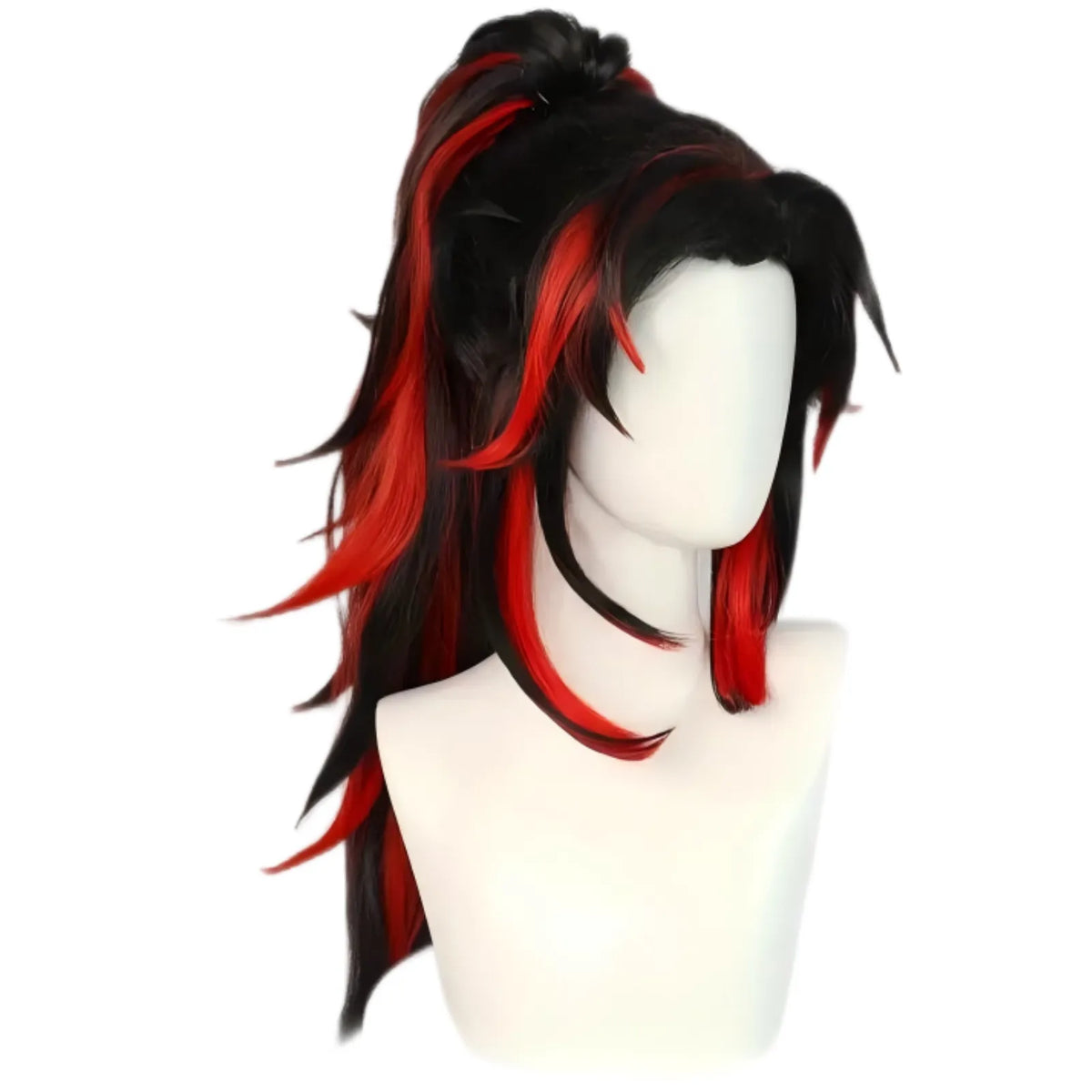 side view kokushibou wig black red highlights high ponytail layered hair on white mannequin bust