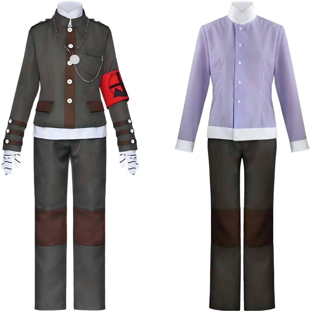 front view of korekiyo shinguji jacket and purple shirt costume