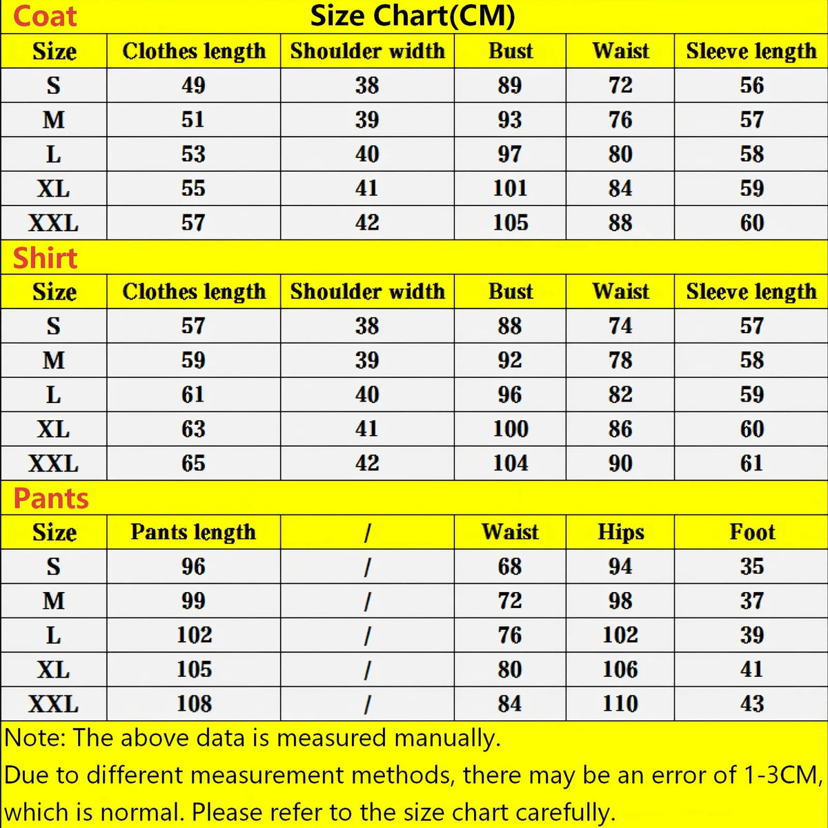 size chart for korekiyo shinguji cosplay uniform