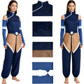 woman wearing Korra cosplay costume, full front view, navy sleeveless top, arm sleeves, brown waist panel, harem pants, white background