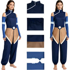 woman wearing Korra cosplay costume, full front view, navy sleeveless top, arm sleeves, brown waist panel, harem pants, white background