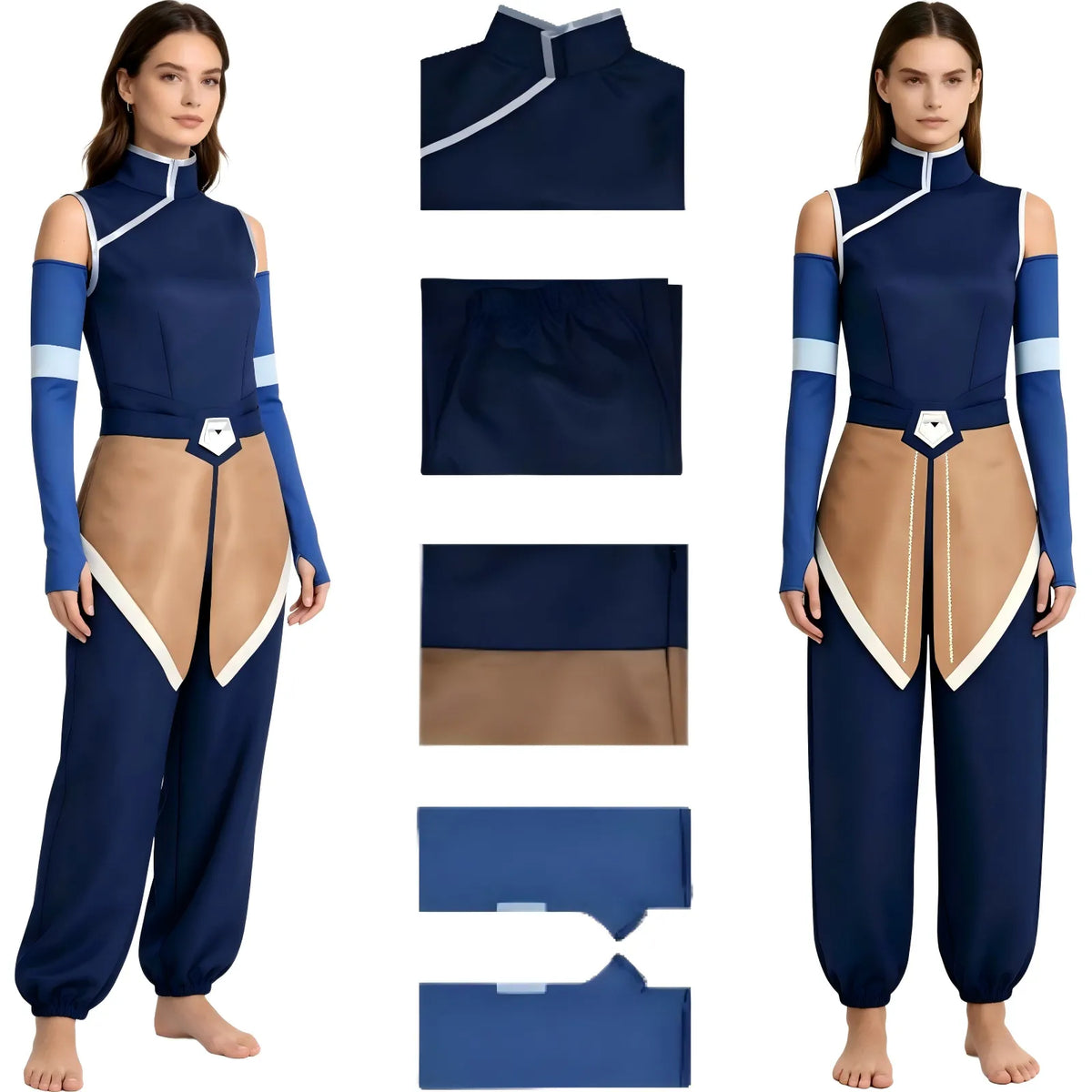 woman wearing Korra cosplay costume, full front view, navy sleeveless top, arm sleeves, brown waist panel, harem pants, white background