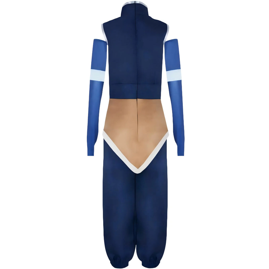 Korra cosplay suit back view, complete outfit, navy top, pants, detached arm sleeves, white background