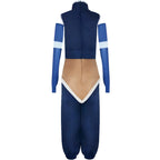 Korra cosplay suit back view, complete outfit, navy top, pants, detached arm sleeves, white background