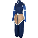 Korra cosplay outfit right side view, separate arm sleeves with light blue stripe, brown front panel