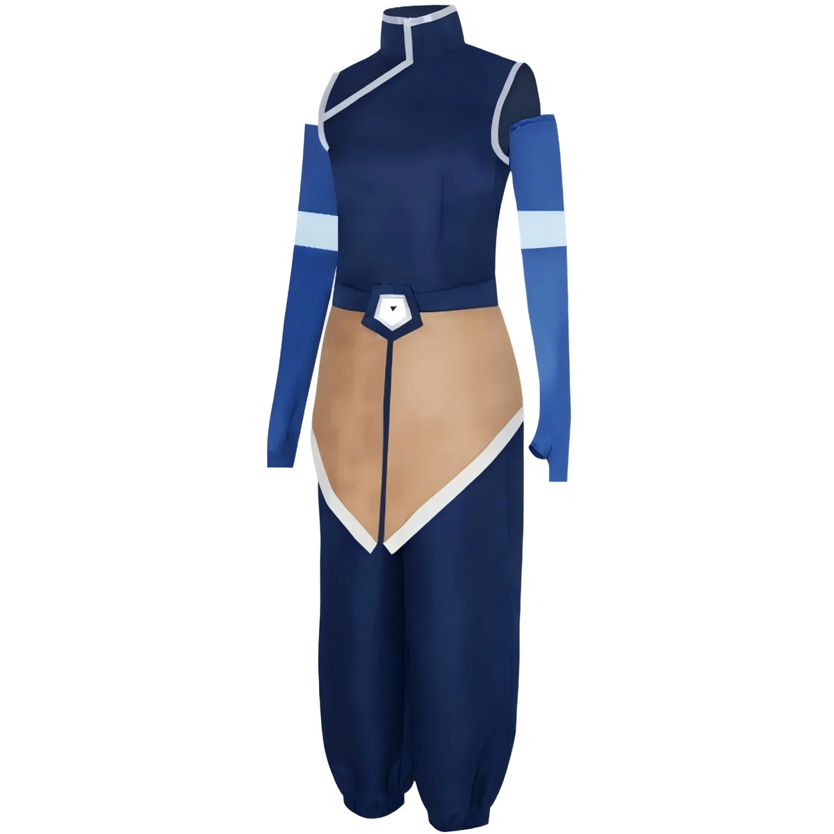 Korra cosplay outfit right side view, separate arm sleeves with light blue stripe, brown front panel