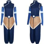 Korra costume front and side view, complete cosplay set, clean white background