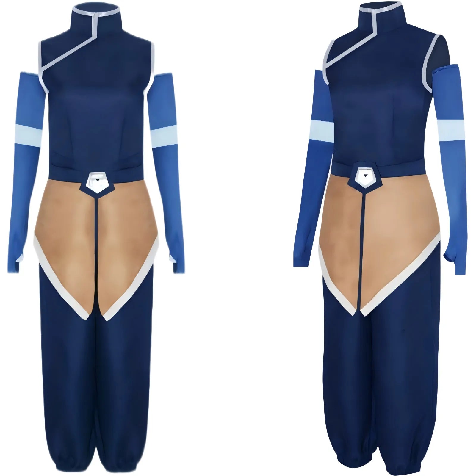 Korra costume front and side view, complete cosplay set, clean white background