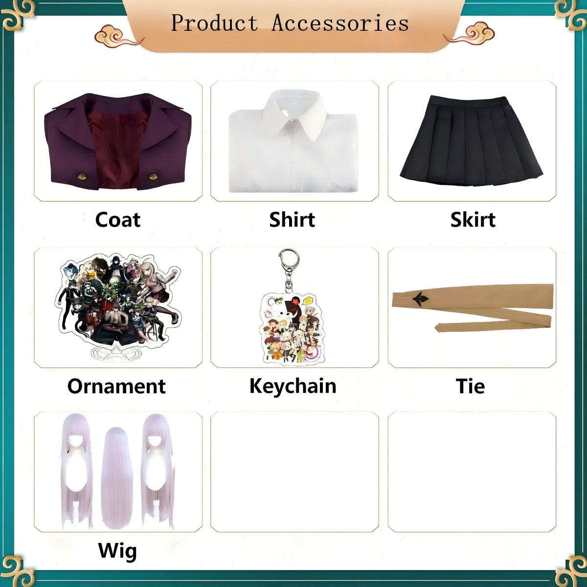 kyoko kirigiri cosplay set accessories, coat shirt skirt tie wig keychain sticker