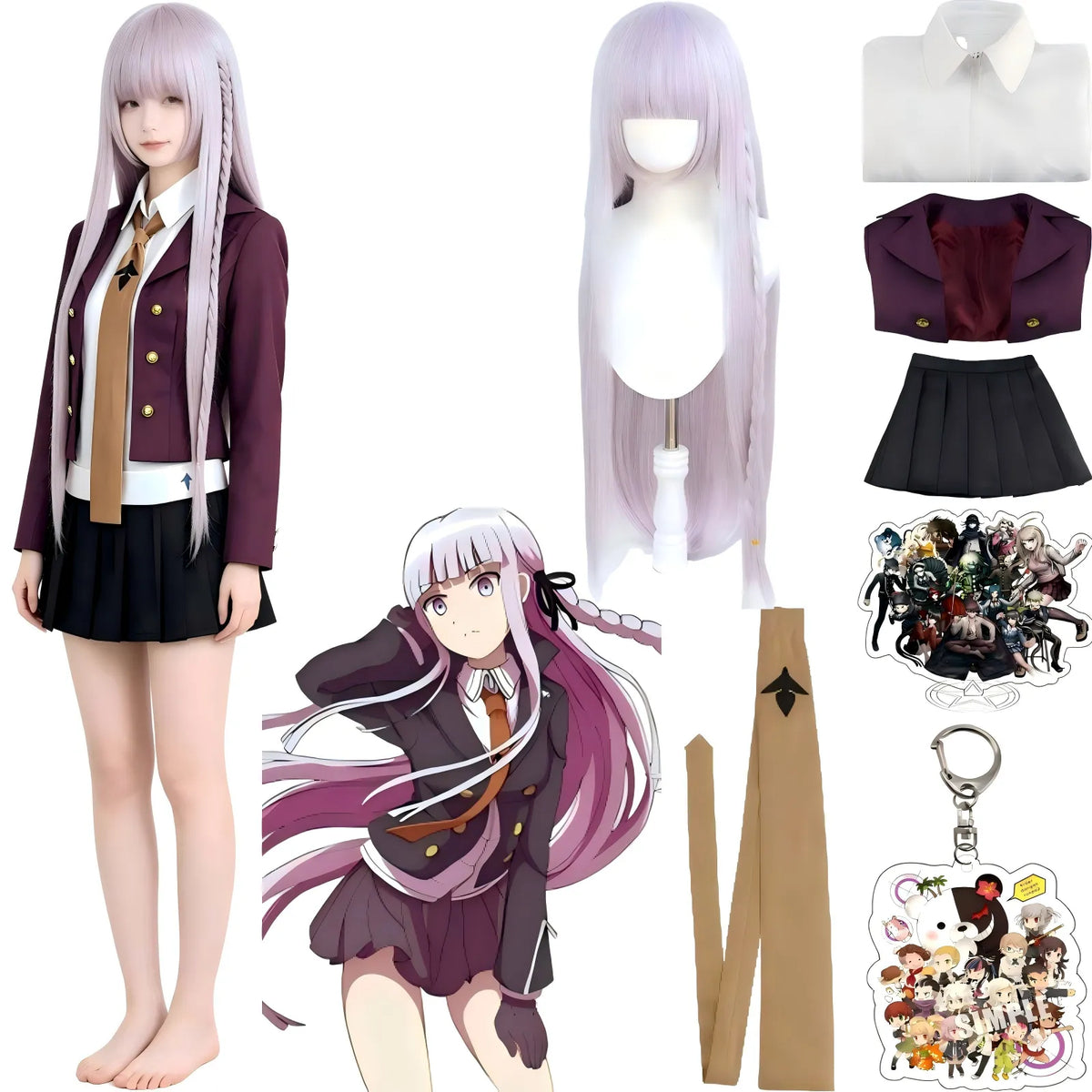 kyoko kirigiri cos outfit with light purple wig, anime character costume set