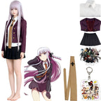 young woman wearing kyoko kirigiri cosplay costume, full body shot, white background