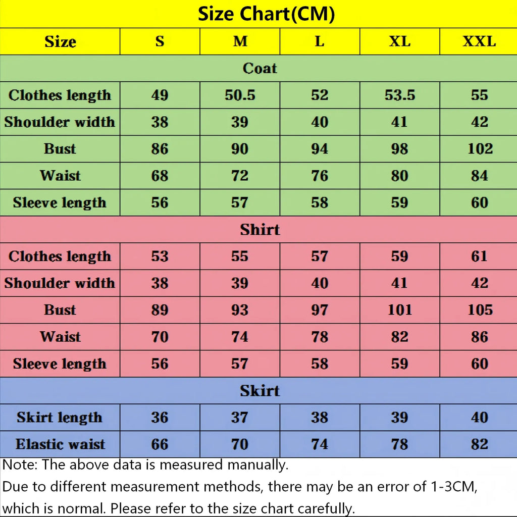 cm size chart for kyoko kirigiri cosplay costume, coat shirt skirt measurements