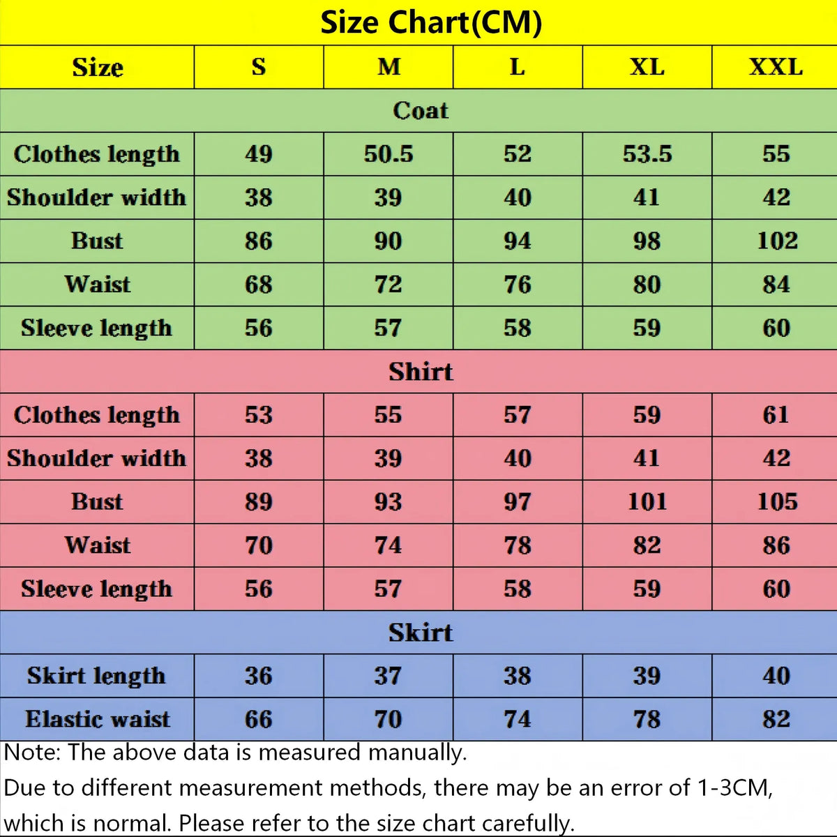 cm size chart for kyoko kirigiri cosplay costume, coat shirt skirt measurements
