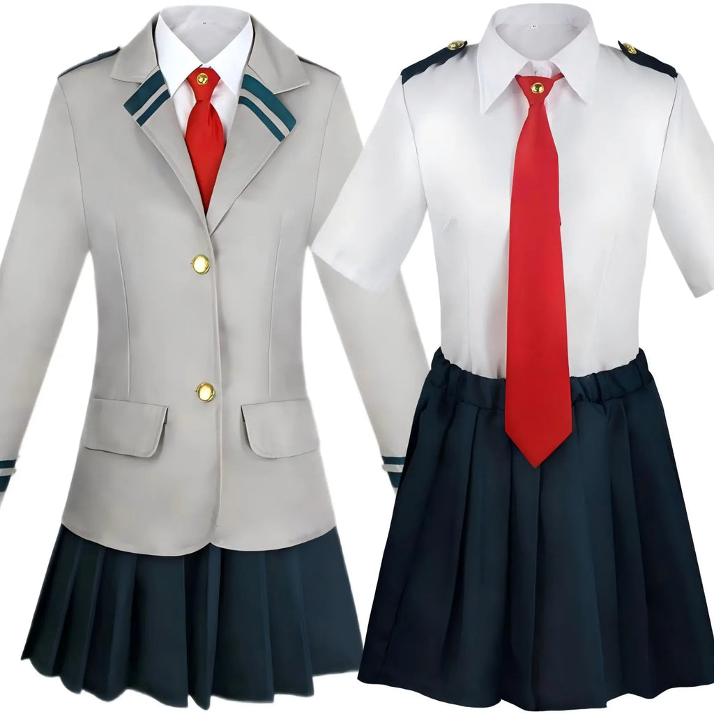 two styles ochako uraraka cos outfit long blazer and short sleeve school shirt pleated skirt red ti