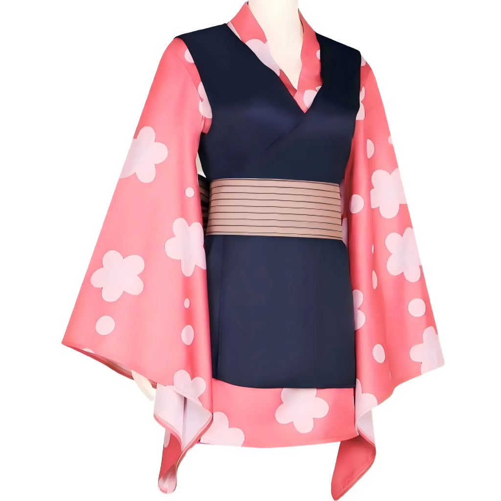 side shot of makomo short kimono cosplay with white cloud flower print sleeves
