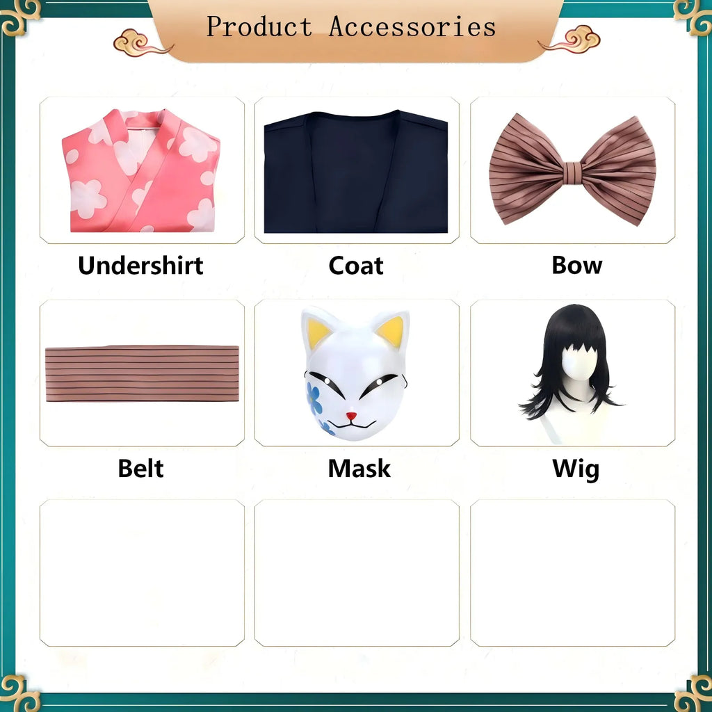 all component list for makomo cosplay costume including kimono,bow,mask and wig