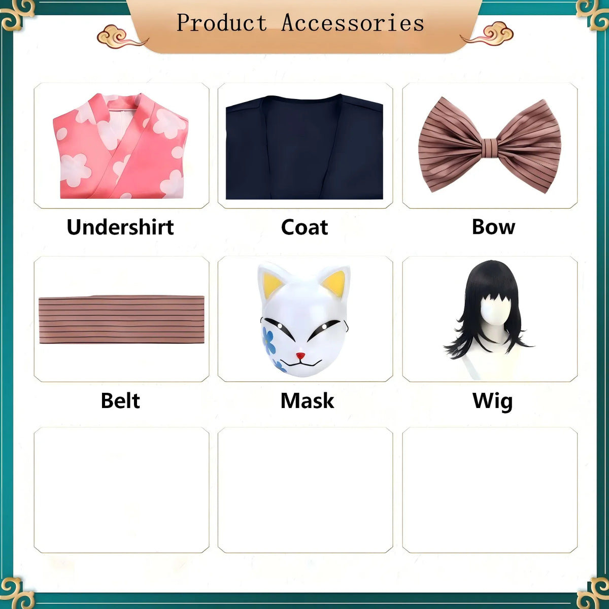 all component list for makomo cosplay costume including kimono,bow,mask and wig