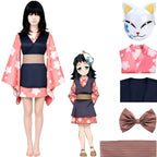 young female model wearing complete makomo cosplay set with fox mask and accessories