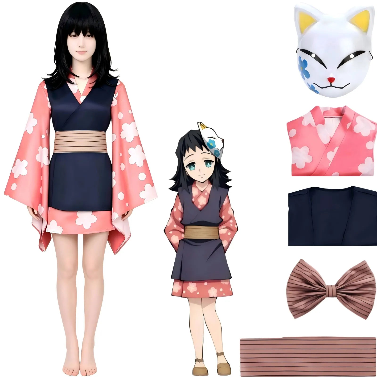young female model wearing complete makomo cosplay set with fox mask and accessories