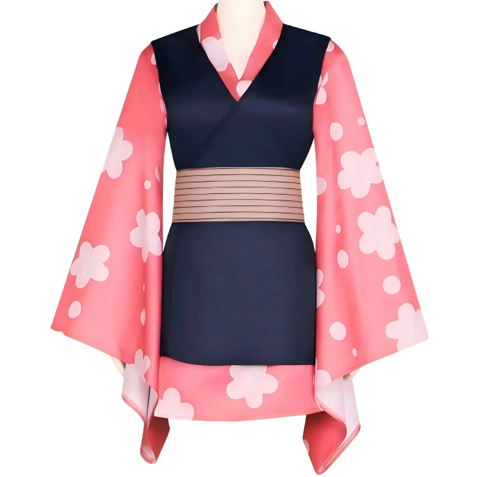 front view of makomo dark vest pink flower kimono cosplay costume on dress form