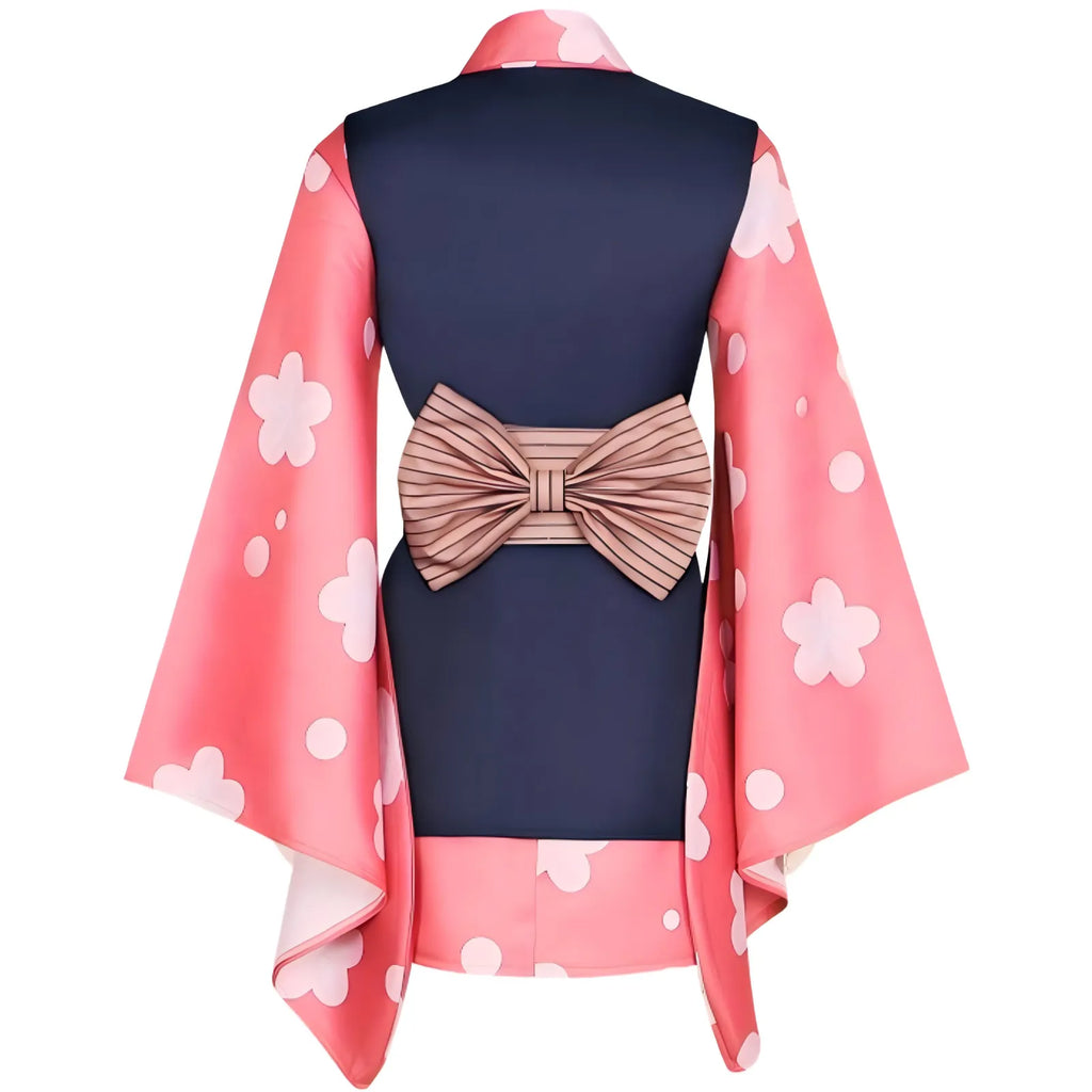 back shot of makomo pink floral kimono costume with striped brown bow belt