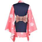 back shot of makomo pink floral kimono costume with striped brown bow belt
