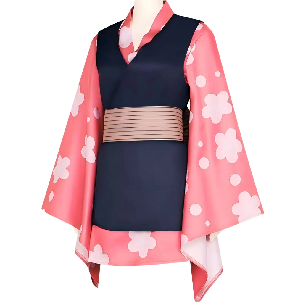 slanted side view of makomo cosplay kimono showing wide pink floral sleeves