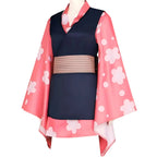 slanted side view of makomo cosplay kimono showing wide pink floral sleeves