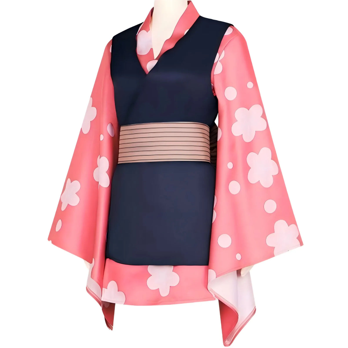 slanted side view of makomo cosplay kimono showing wide pink floral sleeves