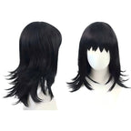 front and back view of black jagged bang makomo cosplay wig on bust stand