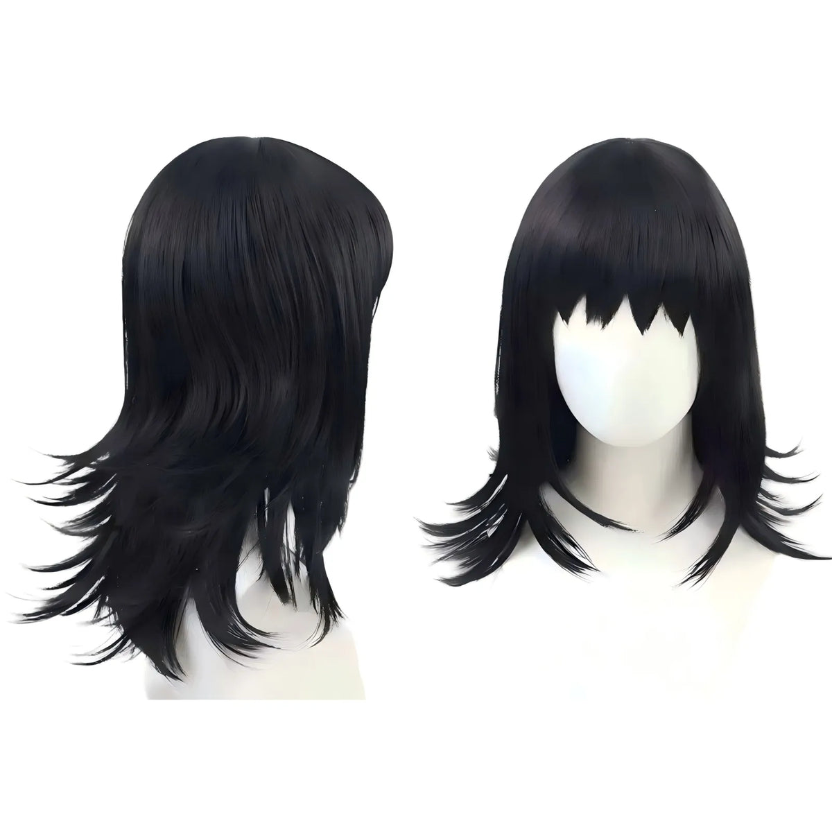 front and back view of black jagged bang makomo cosplay wig on bust stand