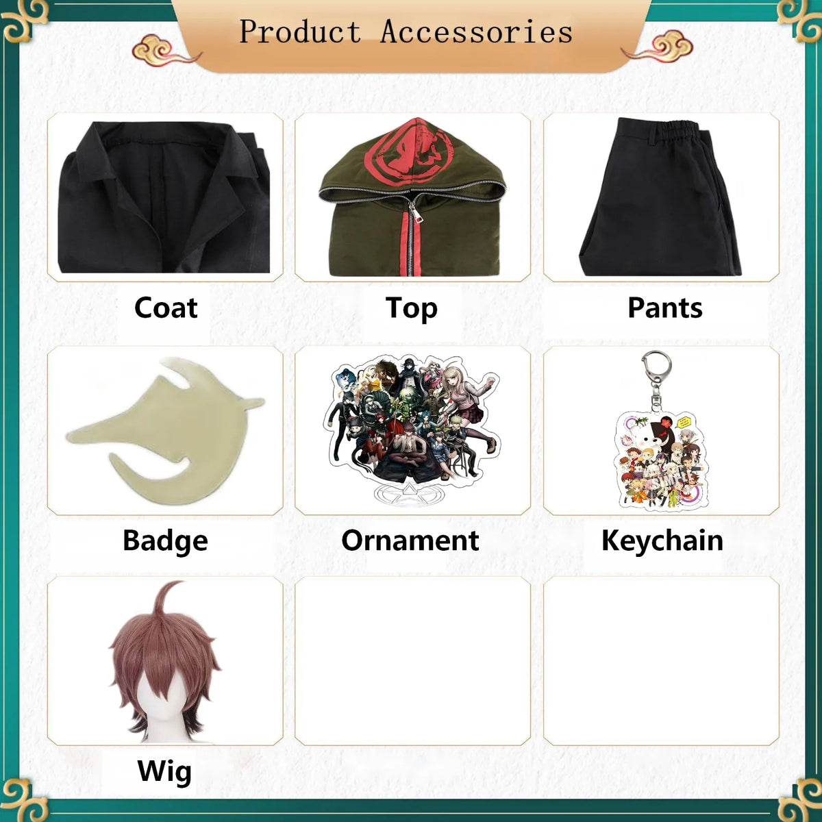 product accessories for makoto naegi cosplay: coat, hoodie, pants, badge, ornament, keychain, wig