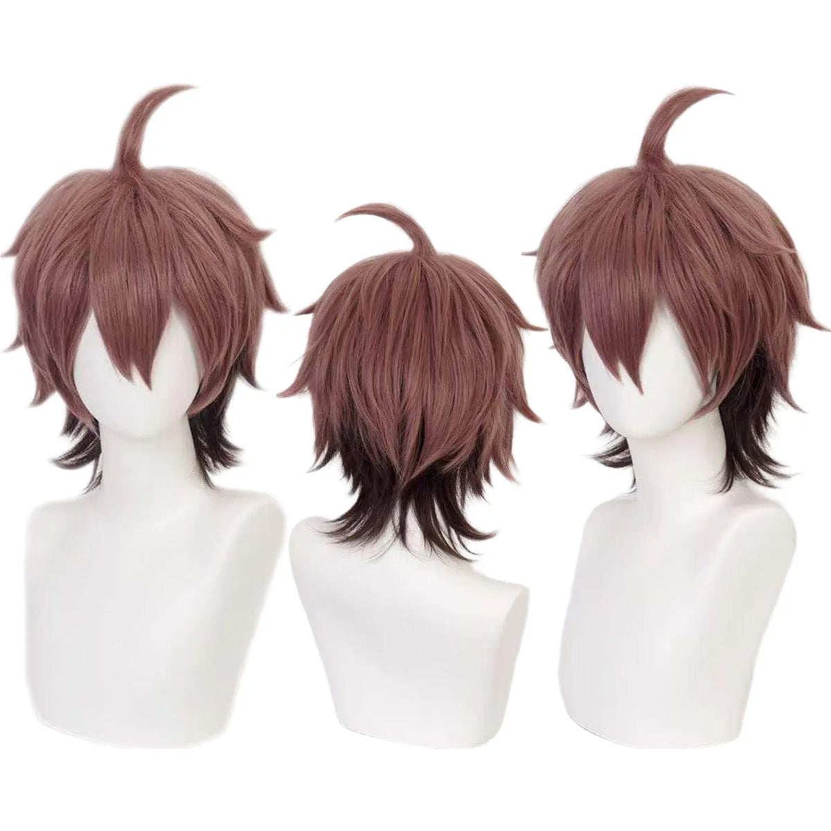 makoto naegi cosplay short brown wig with ahoge, front back side view