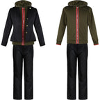 front view of makoto naegi cosplay black blazer over green hoodie with pants