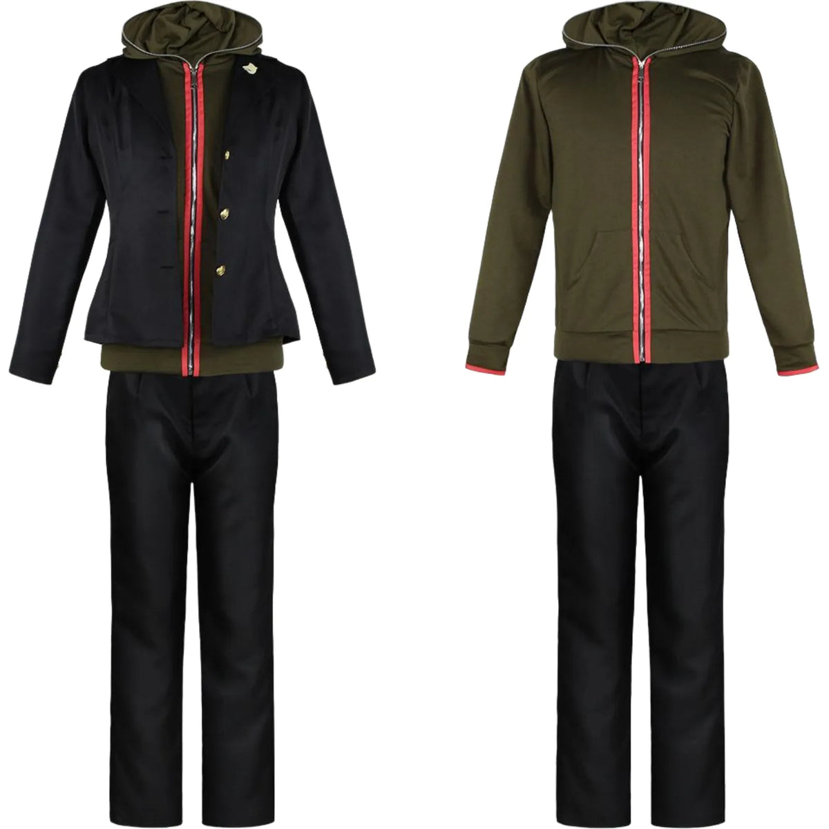 front view of makoto naegi cosplay black blazer over green hoodie with pants