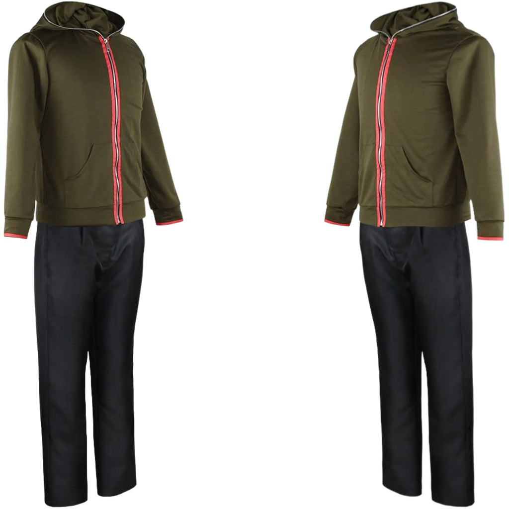oblique side shot of makoto naegi green zip hoodie and black pants