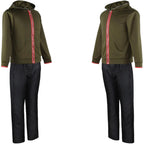 oblique side shot of makoto naegi green zip hoodie and black pants