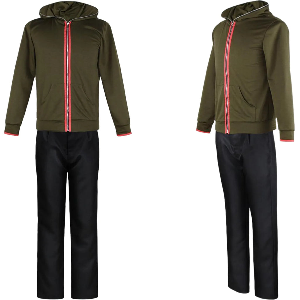 front and side view of makoto naegi green hoodie and black trousers